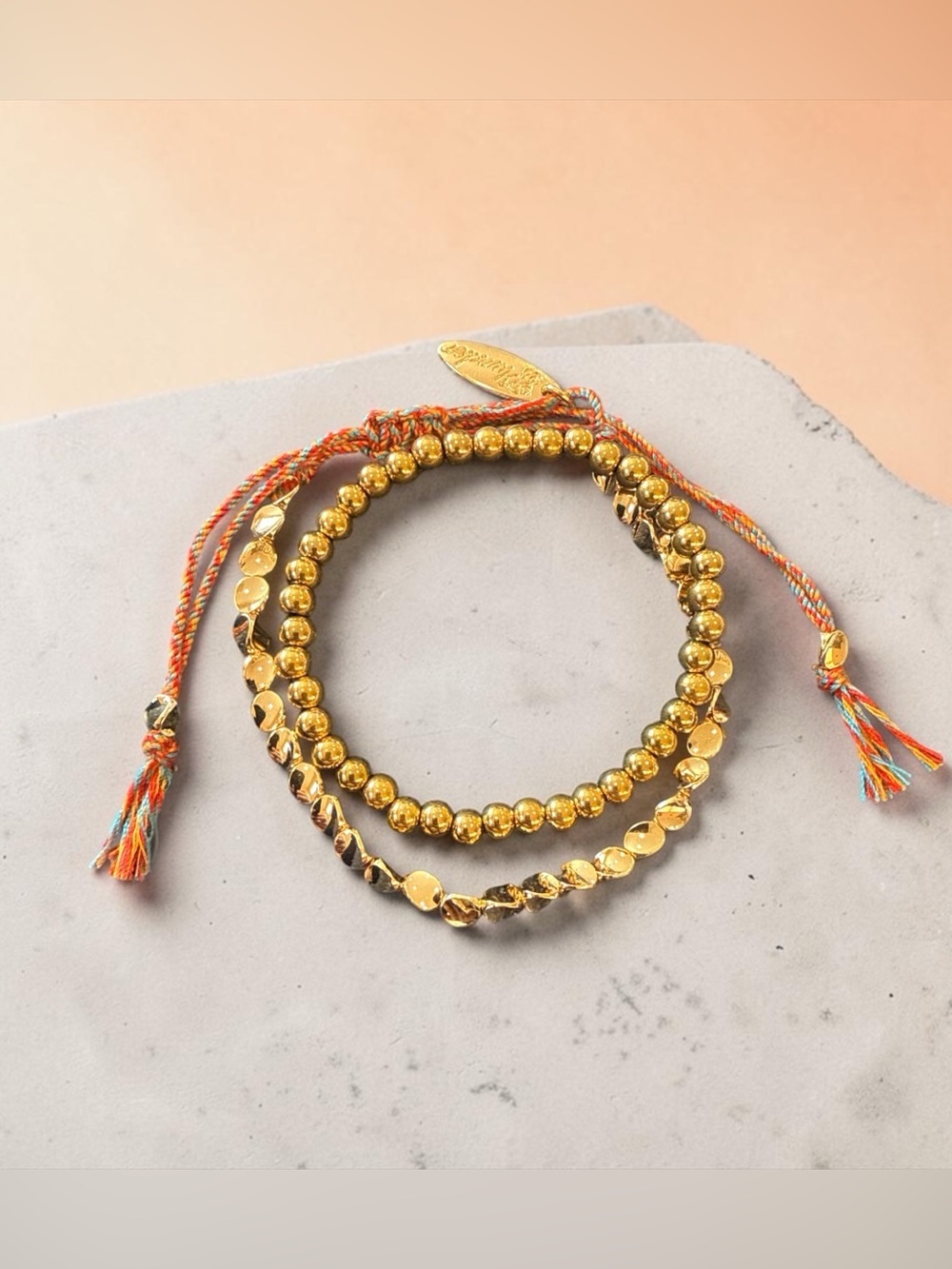 Plunder Gold Beaded & Disc Bracelet with Orange Multicolor Cord